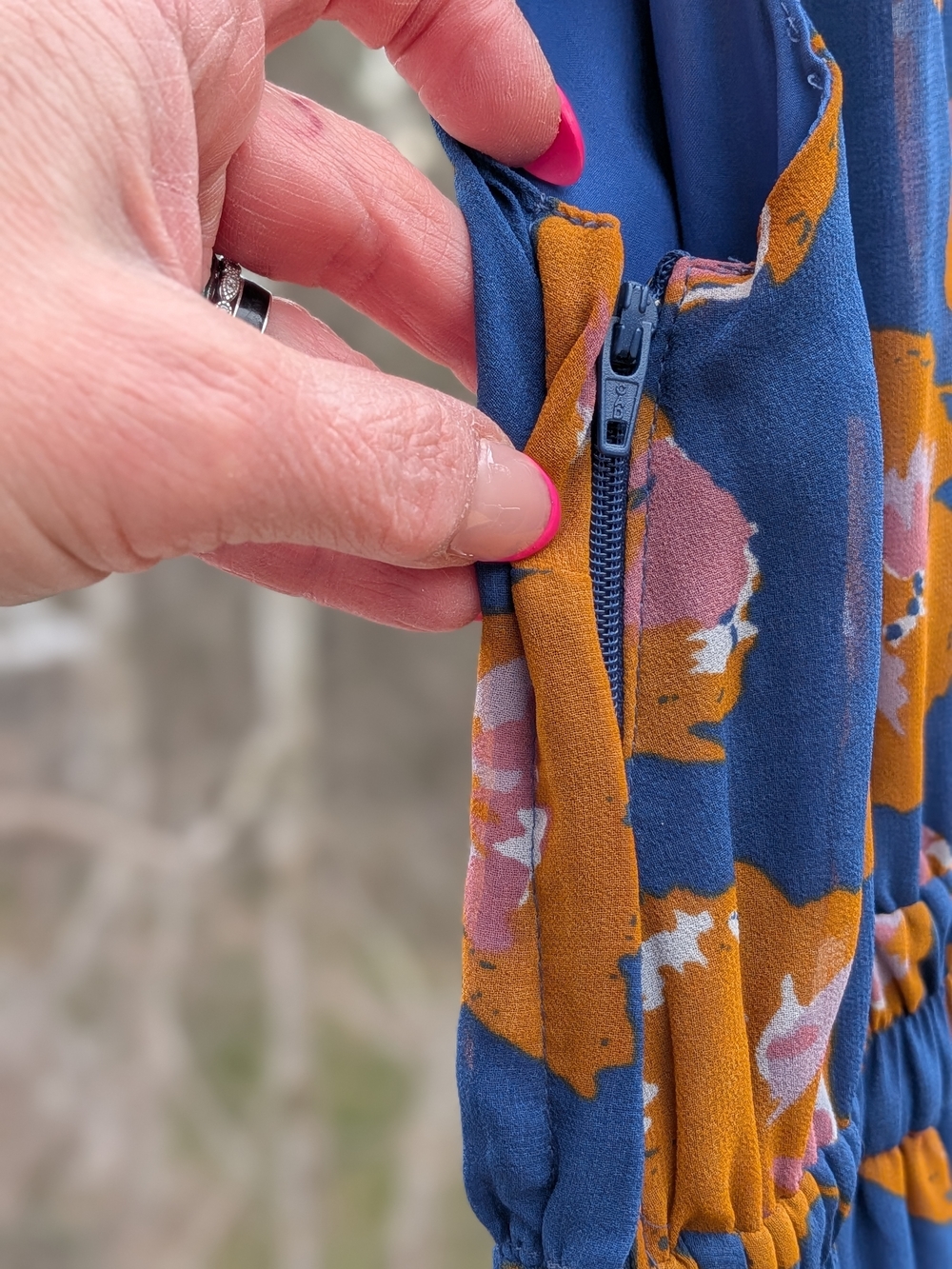 Modcloth Blue Floral Ruffle Neck Midi Dress with Orange & Pink Accent Flowers. - Picture 5 of 7